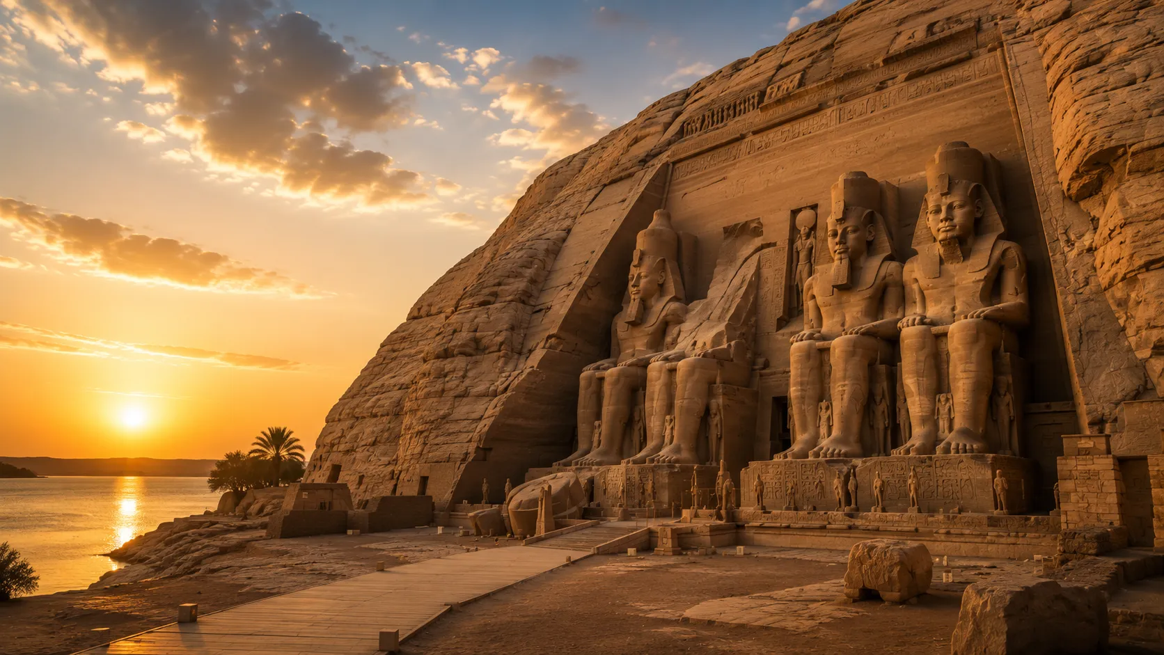The giant seated rock-cut statues at the entrance to the temple of Abu Simbel