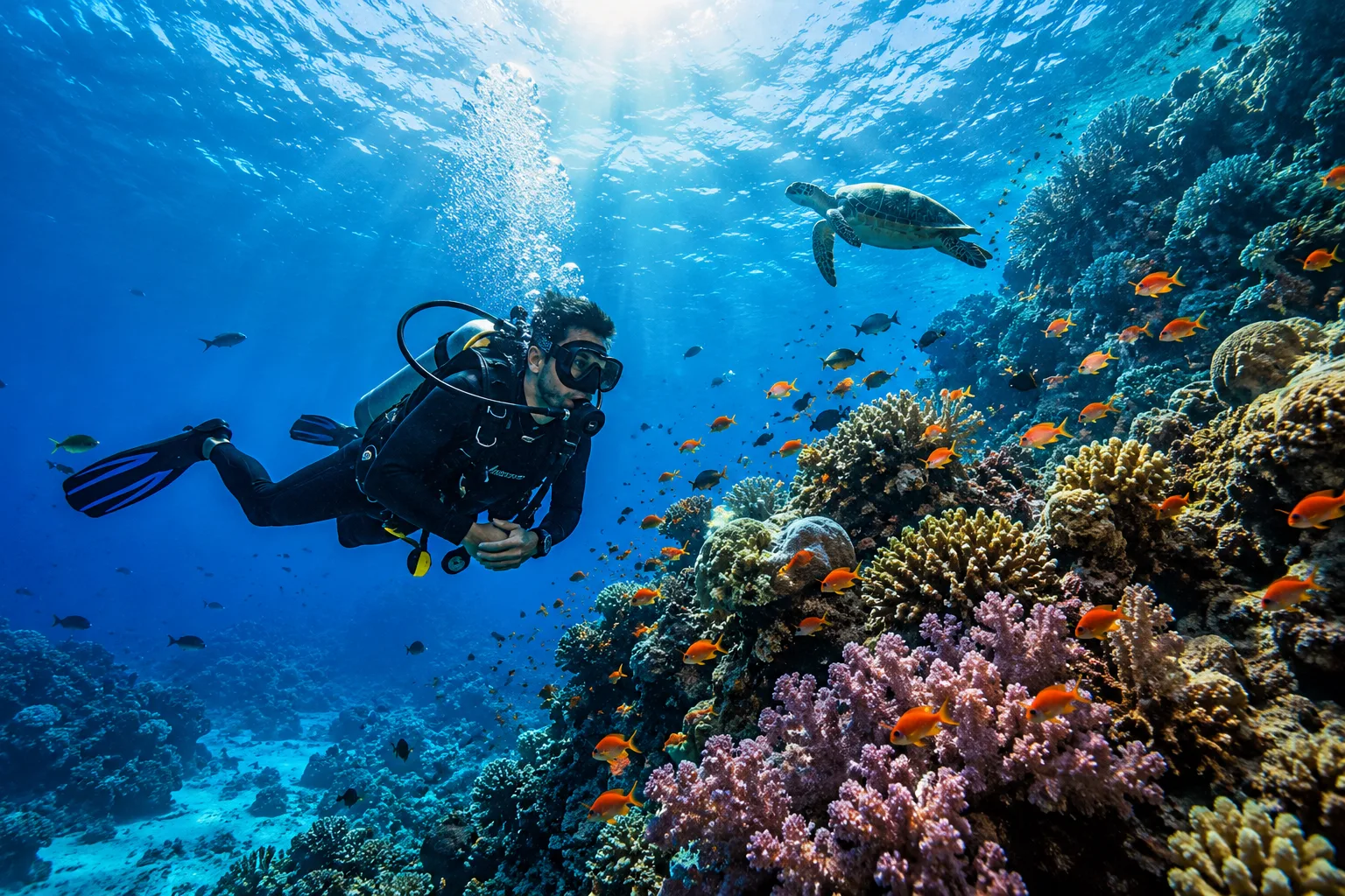 A snorkeler above a dense Red Sea coral reef surrounded by shoals of reef fish near Hurghada