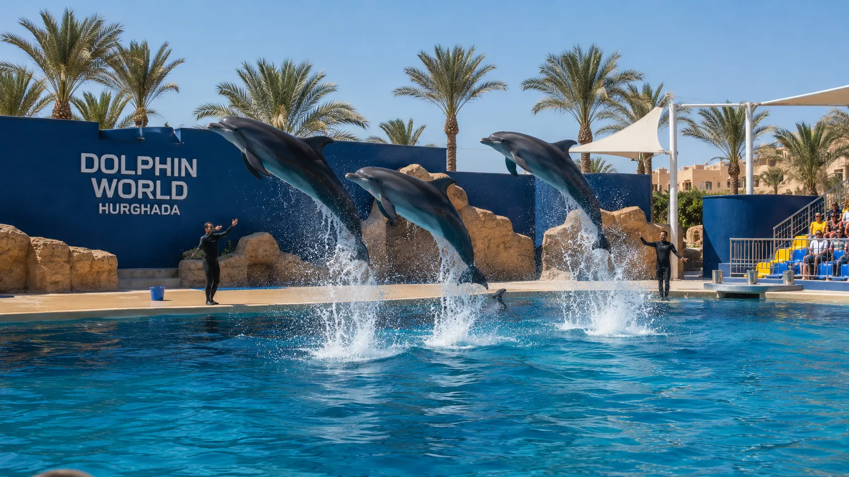 Dolphins performing at the Dolphin World show in Hurghada with a family audience