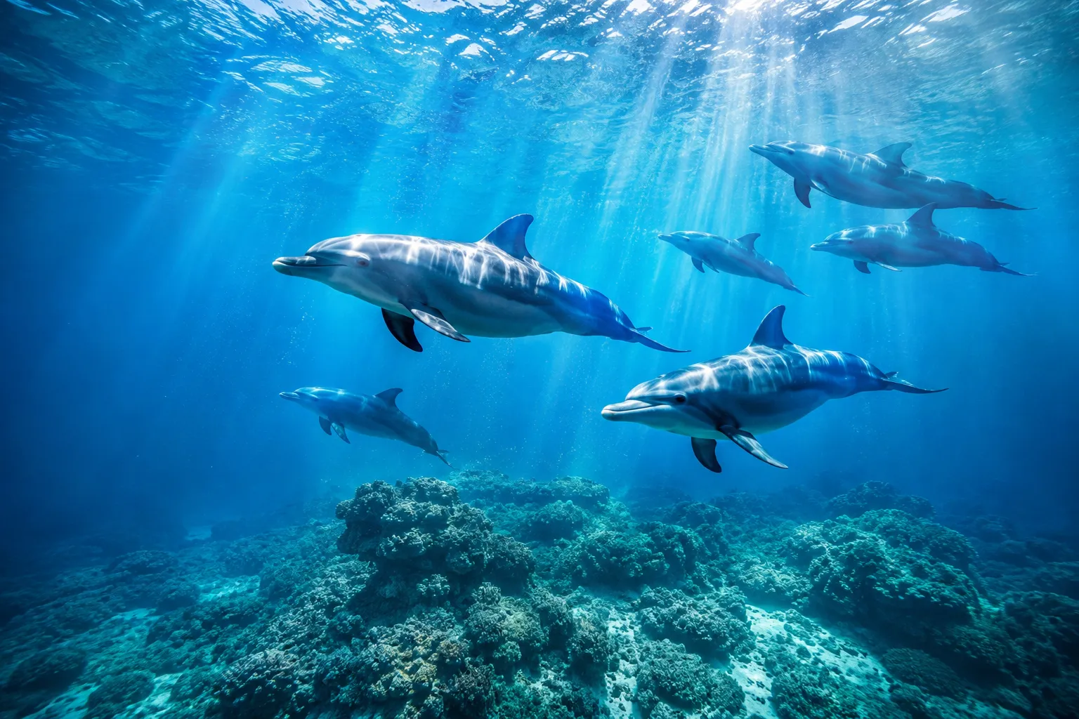 Wild spinner dolphins swimming in the clear shallow lagoon at Sha'ab El Erg near Hurghada