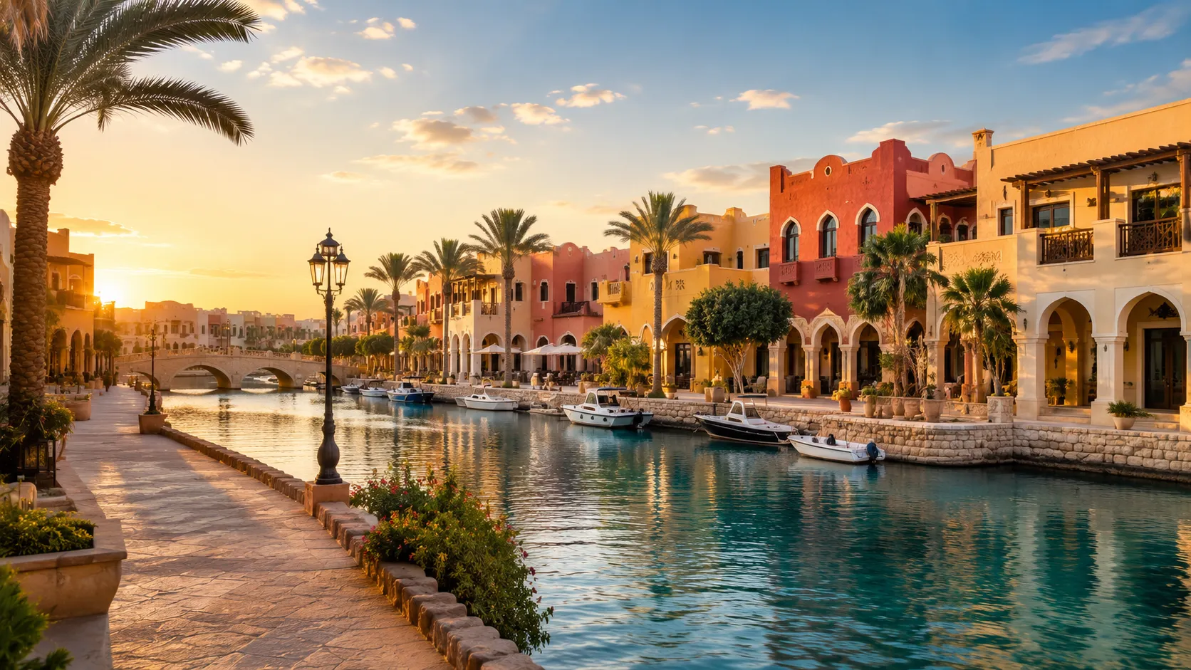 The Abu Tig marina in El Gouna at dusk, white buildings and restaurants along the water