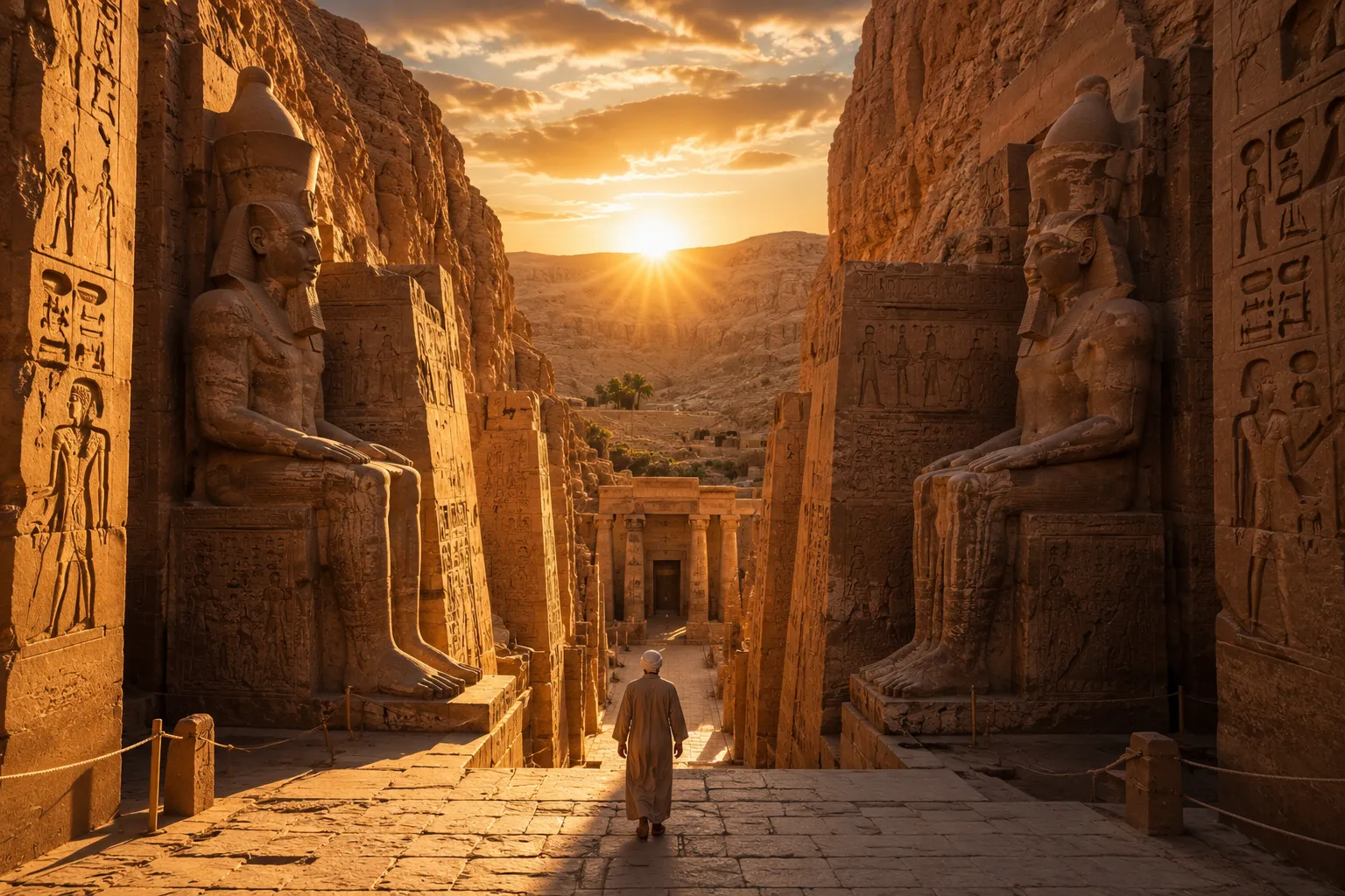The colonnade of an ancient temple in Luxor, Egypt, tall stone columns lit by golden light