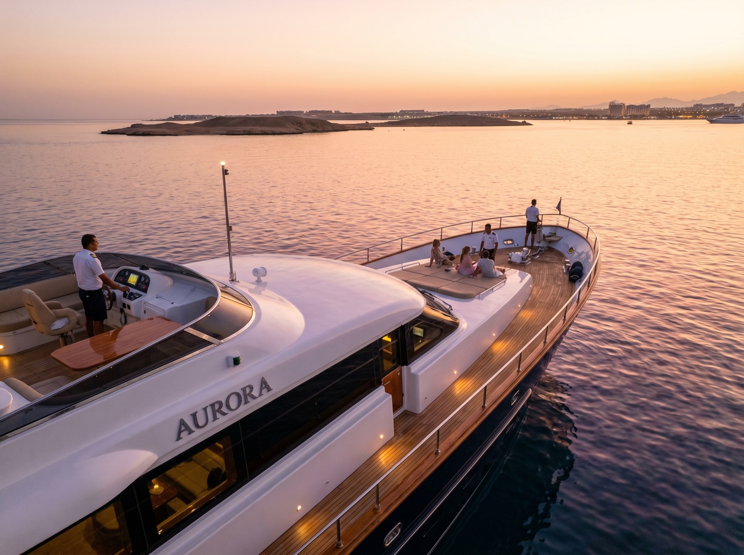 Crewed yacht · marina, golden hour