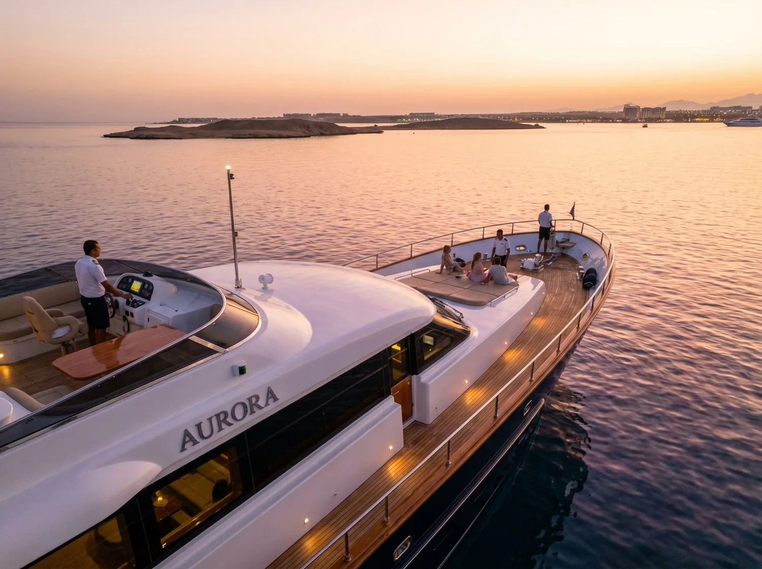 Yachts and waterfront restaurants along the calm Hurghada Marina promenade at dusk
