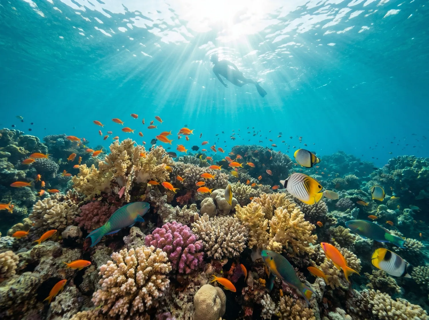 A snorkeler drifting over a shallow coral reef in the clear Red Sea near Hurghada