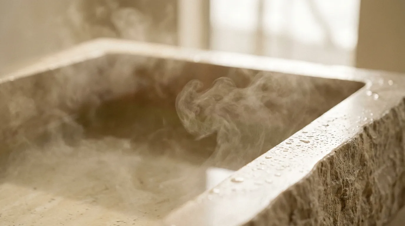 Steam drifting over still warm water in a carved limestone basin