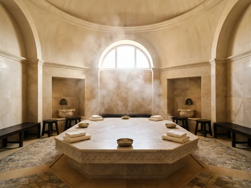 Warmer Kalksteininnenraum des türkischen Hamams im Cleopatra Royal Spa in Hurghada