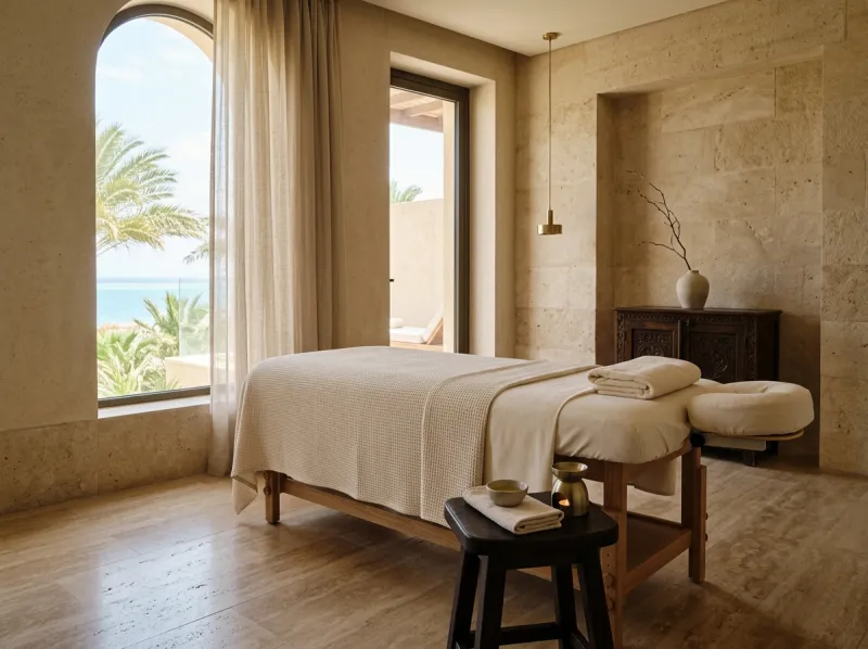 Behandlungsraum mit elfenbeinfarbener Leinenwäsche im Cleopatra Royal Spa in Hurghada