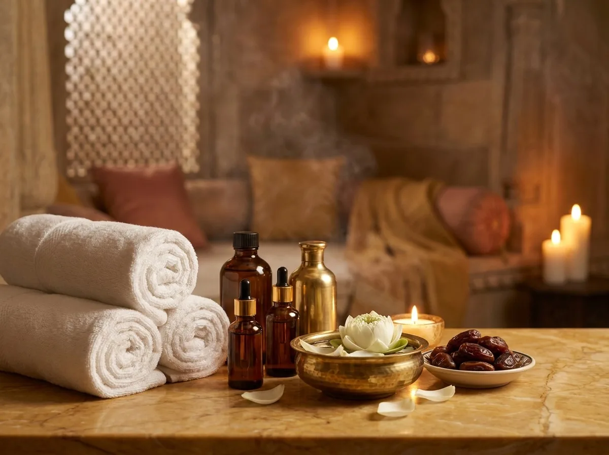 A candlelit spa suite arranged for the Cleopatra royal ritual, warm stone and soft light