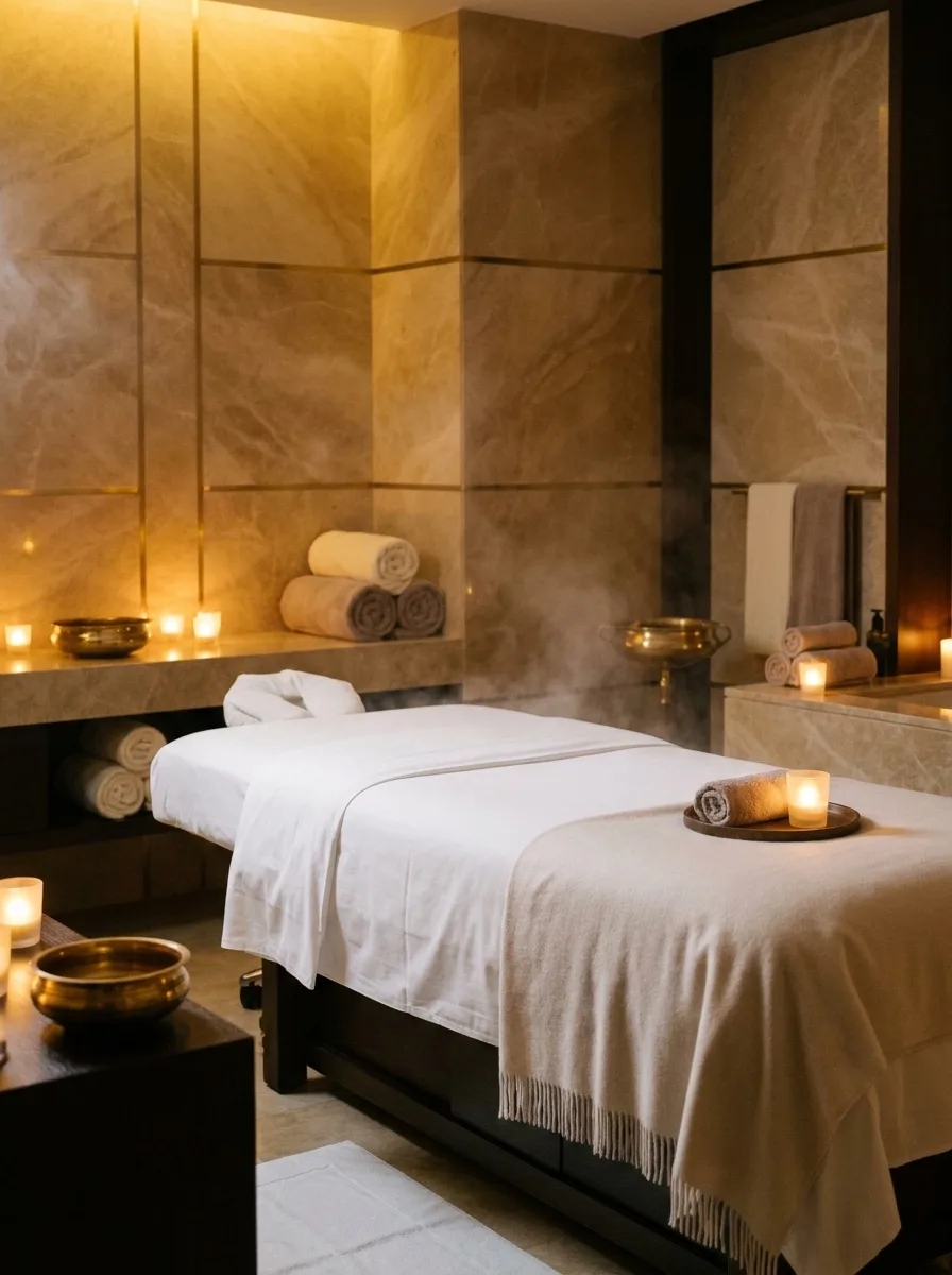 Massage room · linen, low light