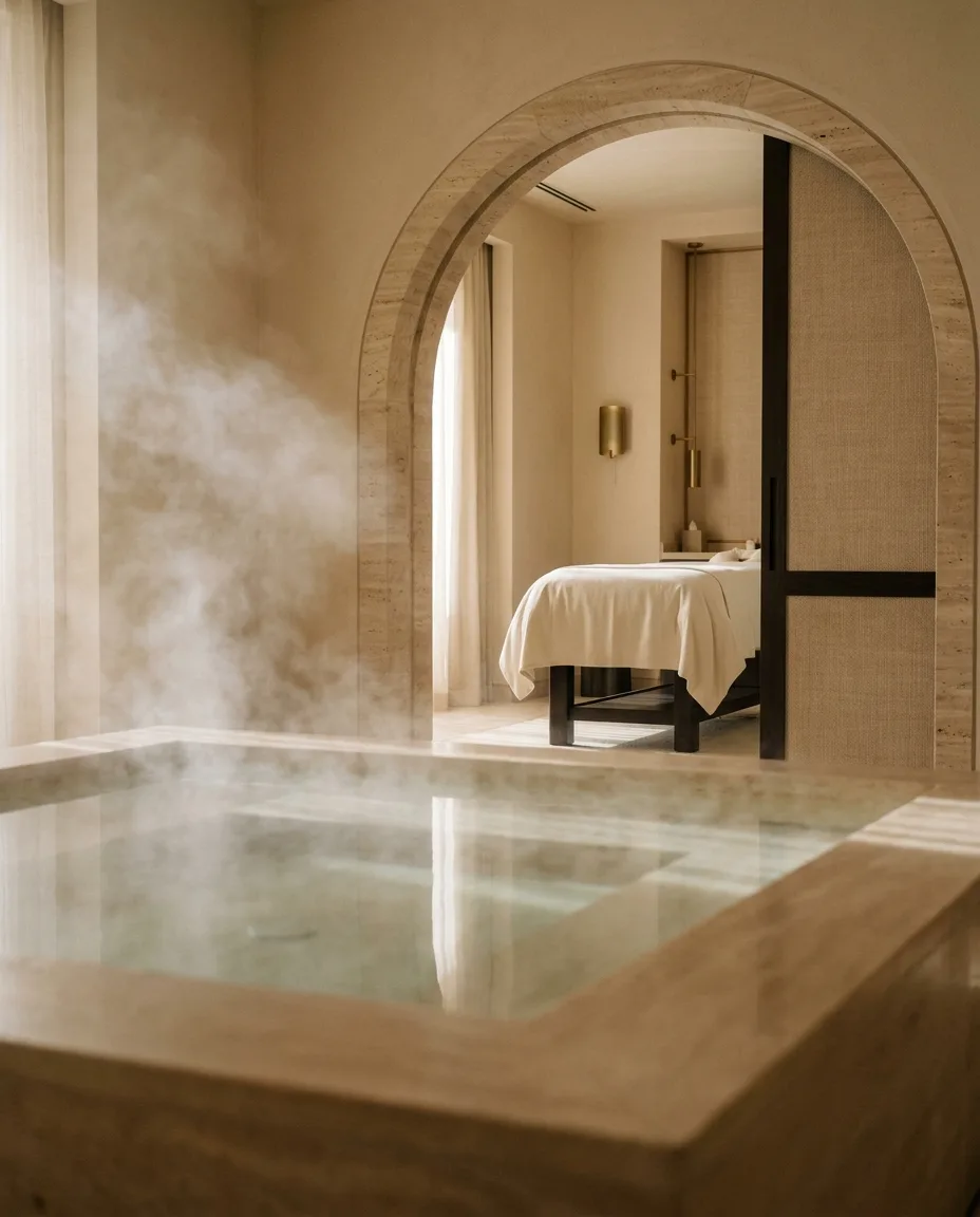Dampf über einem stillen Wasserbecken im Hamam des Cleopatra Royal Spa in Hurghada