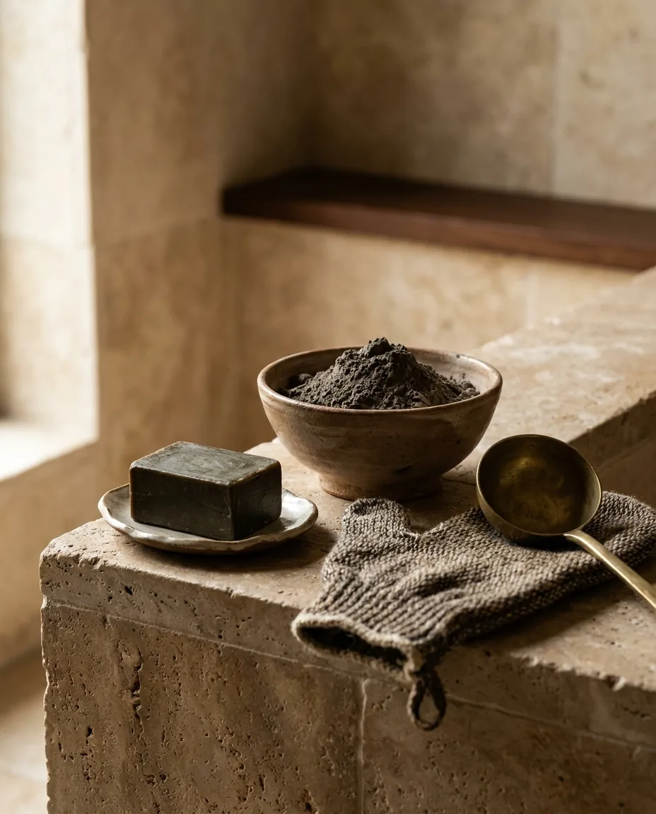 Marokkanische Rhassoul Tonerde und schwarze Seife auf Travertin im Cleopatra Royal Spa in Hurghada