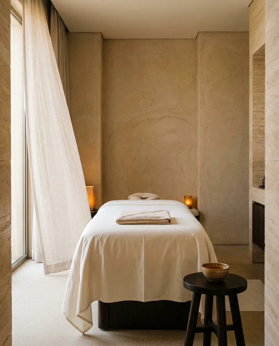 Behandlungsraum mit elfenbeinfarbener Leinenwäsche im Cleopatra Royal Spa in Hurghada